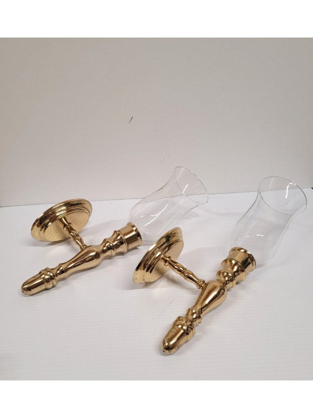 Brass Wall Sconces Glass Hurricane Shades Set 2 Made in India Patina